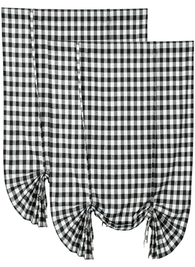 WOSIBO 2 Pack Buffalo Check Plaid Tie Up Shades Farmhouse Style Gingham Rod Pocket Window Curtain for Kitchen 42x63 Inches White and Black (White and Black) - Image 1